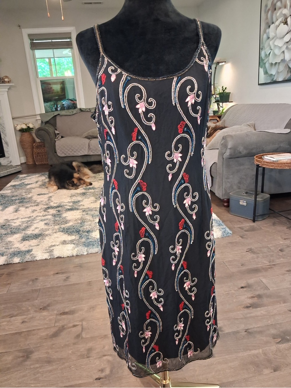 Papell Boutique Black Slip Dress with Red & Pink Embroidery
